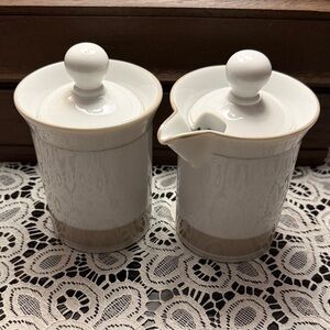 Dansk Concerto Allegro Taupe/Beige Rim Creamer & Sugar Bowl & lid. Made in Japan